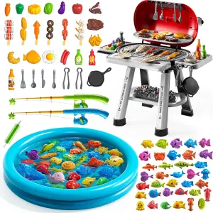 Play Kitchen Toys, Magnet Fishing Toys Game, BBQ Grill with Smoke for Kids Ages 3-8, Bath Toys for Toddlers, Outdoor Party Toys for Boys Girls 3-5, Birthday Gifts