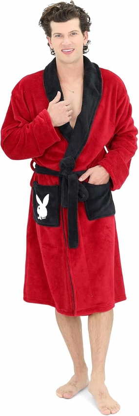 Playboy Hugh Hefner Robe for Men - Soft Plush Fleece Pimp Robe with Shawl Collar, Belt Tie & Pockets, One Size Fits Most