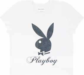 PLAYBOY Womens Soft Cotton Blend Babydoll Tee Shirt with Faux Rhinestone Print Or Glitter Sizes S-XL