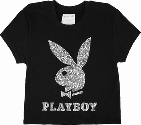 PLAYBOY Womens Soft Cotton Blend Babydoll Tee Shirt with Faux Rhinestone Print Or Glitter Sizes S-XL