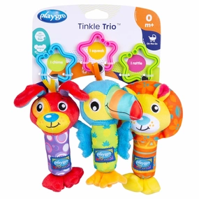 Playgro Tinkle Trio Soft Baby Hanging Toys for Infant - Rattling Cow, Tinkling Dog, Squeaking Bird - STEM Learning with Easy Clip Attachments for Pram, Car Seat, Stroller - Stroller Toy for 0  Months