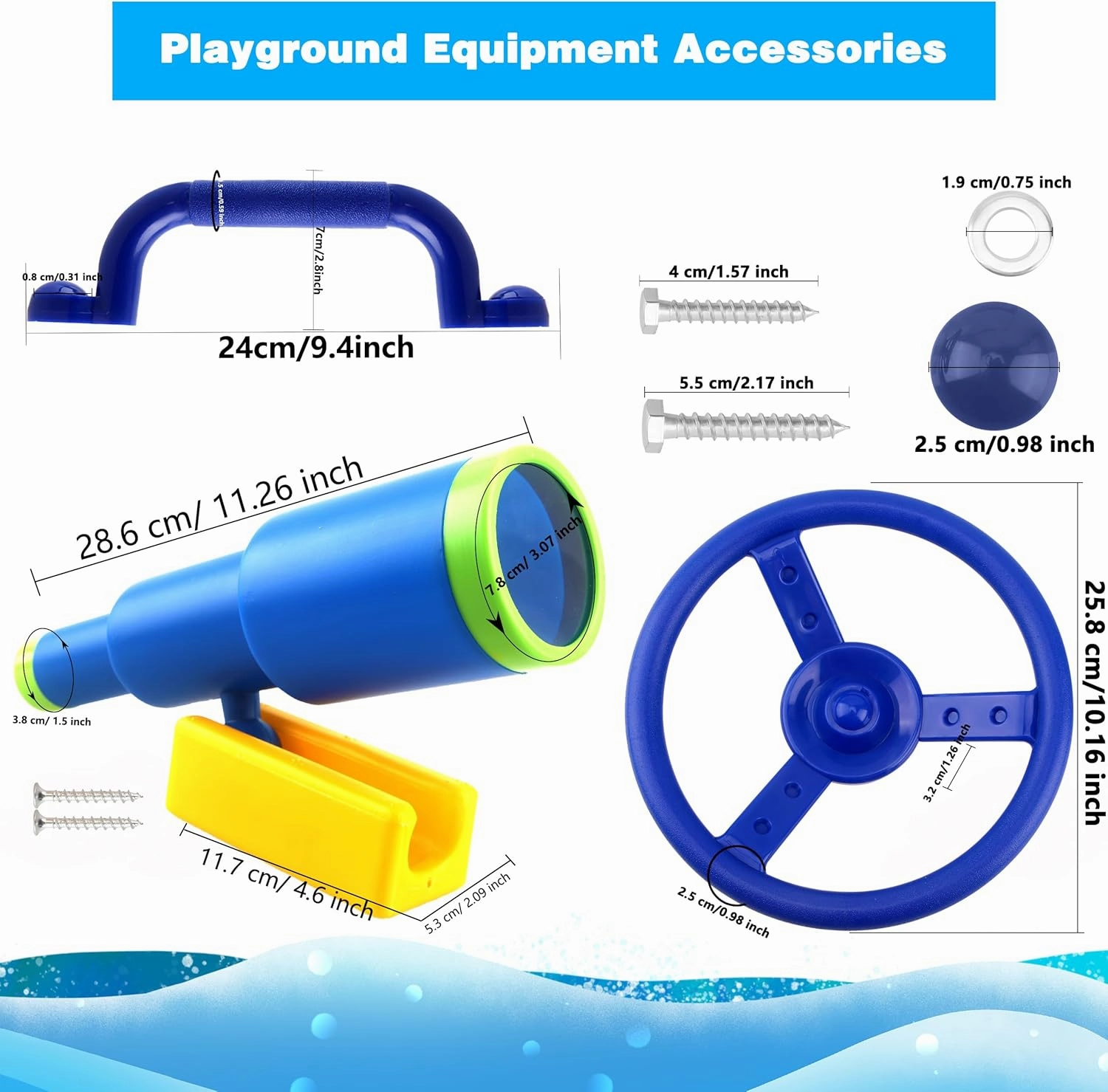 Playground Accessories Swingset Plastic Pirate Ship Steering Wheel Safety Handles Telescope for Kids Outdoor Playground Treehouse Jungle Gym Accessories (4 Pcs- Blue Set)