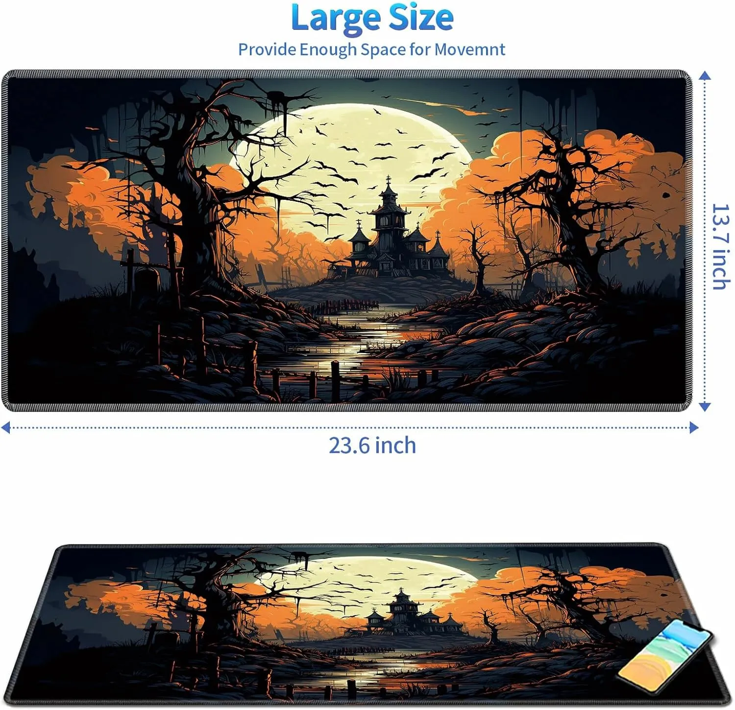 Playmat for MTG, 24 x 14 inches Game Play Mat for MTG TCG and Other Card Games, Trading Card Game Play Mat Desk Mats with Stitched Edges Non-Slip Base, Halloween Night B