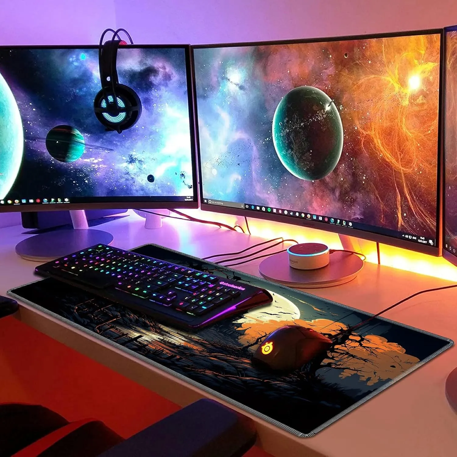 Playmat for MTG, 24 x 14 inches Game Play Mat for MTG TCG and Other Card Games, Trading Card Game Play Mat Desk Mats with Stitched Edges Non-Slip Base, Halloween Night B