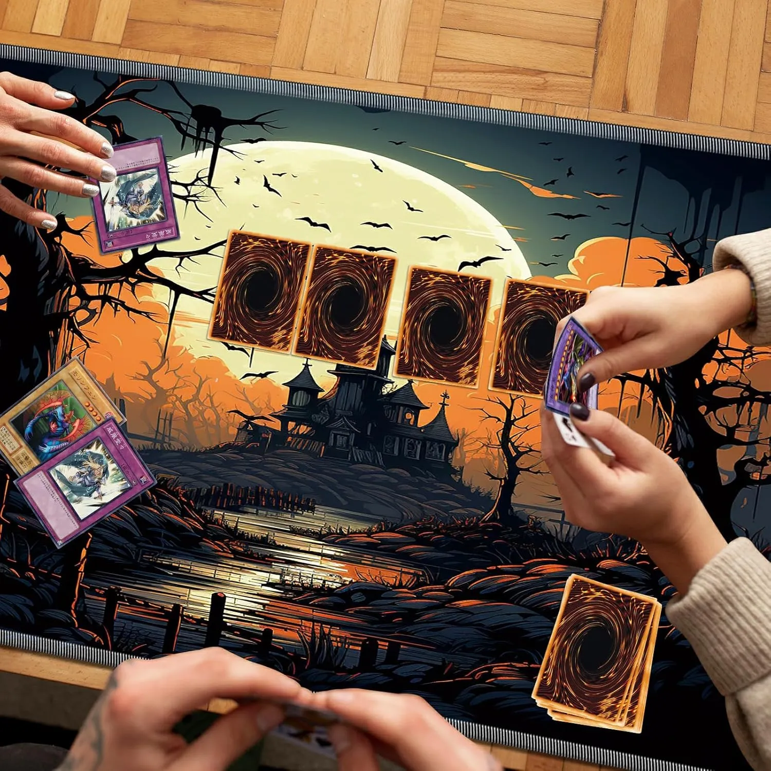 Playmat for MTG, 24 x 14 inches Game Play Mat for MTG TCG and Other Card Games, Trading Card Game Play Mat Desk Mats with Stitched Edges Non-Slip Base, Halloween Night B