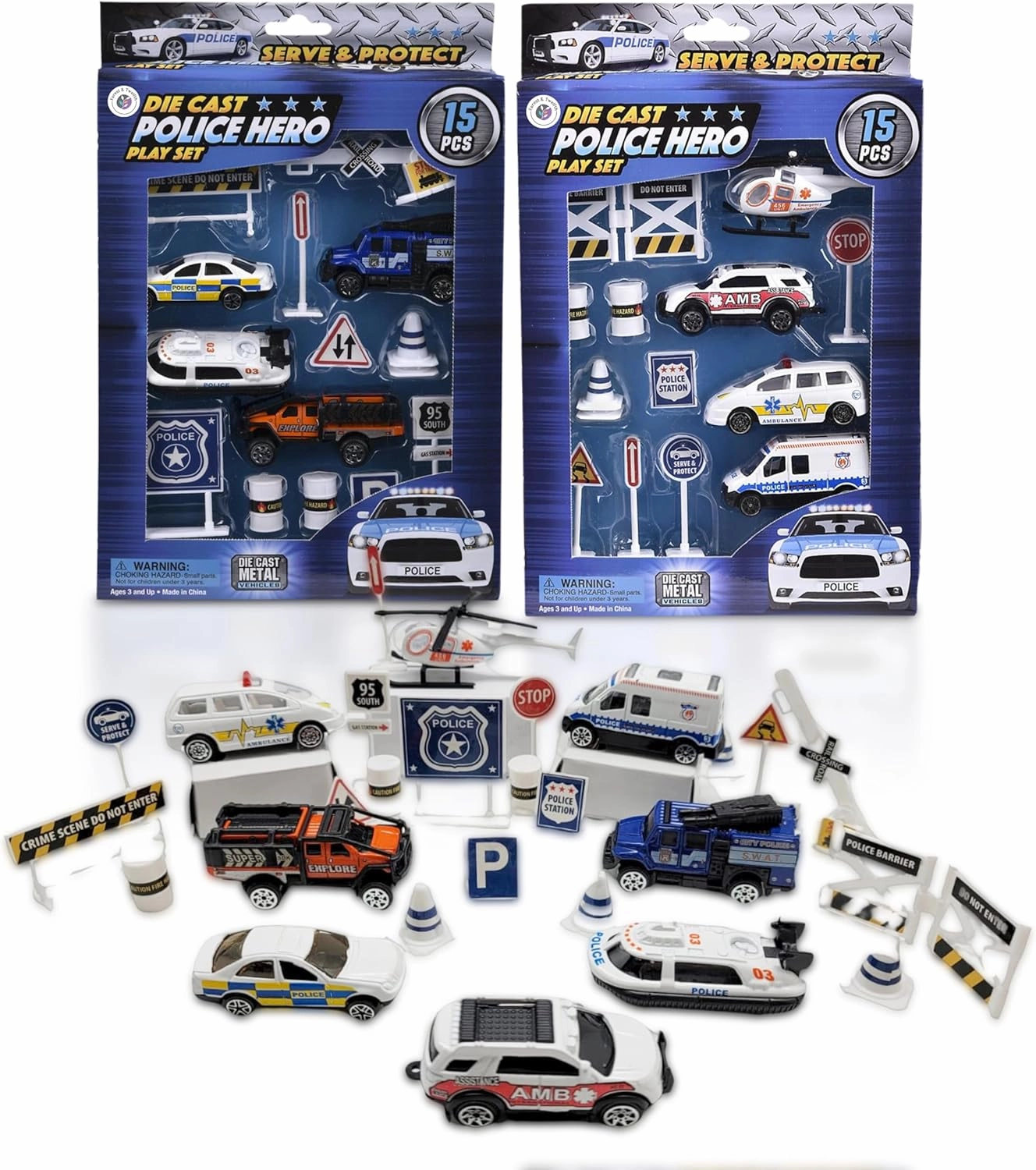 Playset, Forest & Twelfth Kids Set of 2 15pcs Die Cast Mini Police Car Toy Set for Kids & Toddlers, Promotes Creative Pretend Play, Skill Development, Fun All-Occasion Gift Idea (Police Playset)