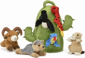 Plush Cactus Desert Animal House with Animals - Six (6) Stuffed Desert Animals (Snake, Lizard, Bighorn Sheep, Coyote, Prairie Dog, Roadrunner) in Play Cactus Carrying House