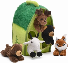 Plush Forest Animal House with Animals - Five (5) Stuffed Forest Animals ( Brown Bear, Black Bear, Moose, Frog, Fox) in Play Forest Carrying House