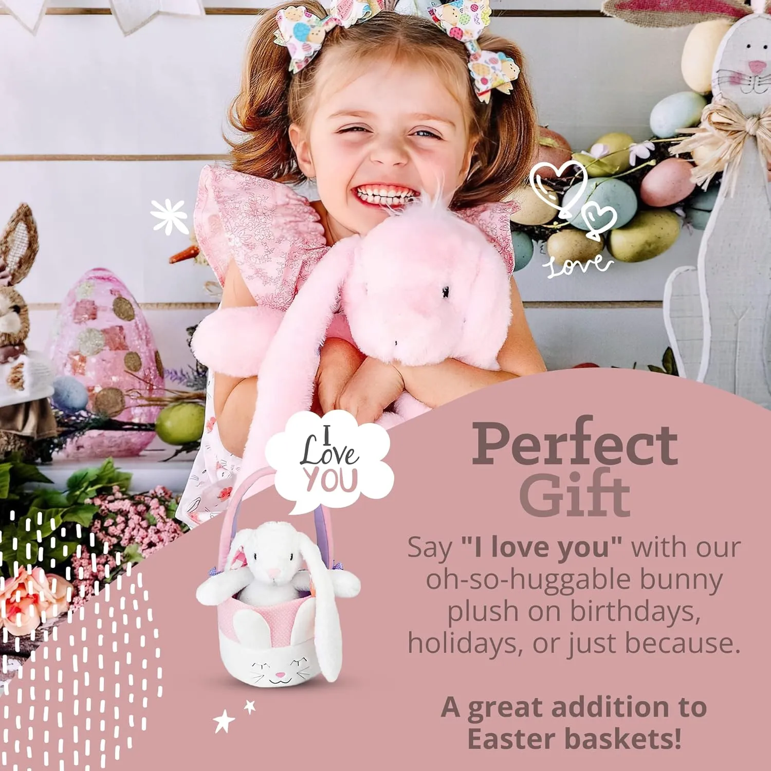 Plushible Easter Bunny Stuffed Animal, 18" (Pink) - Plush, Soft Embroidered Stuffed Bunny Toy for Kids, Newborns, Boys & Girls, Cuddly and Adorable Plush Toys