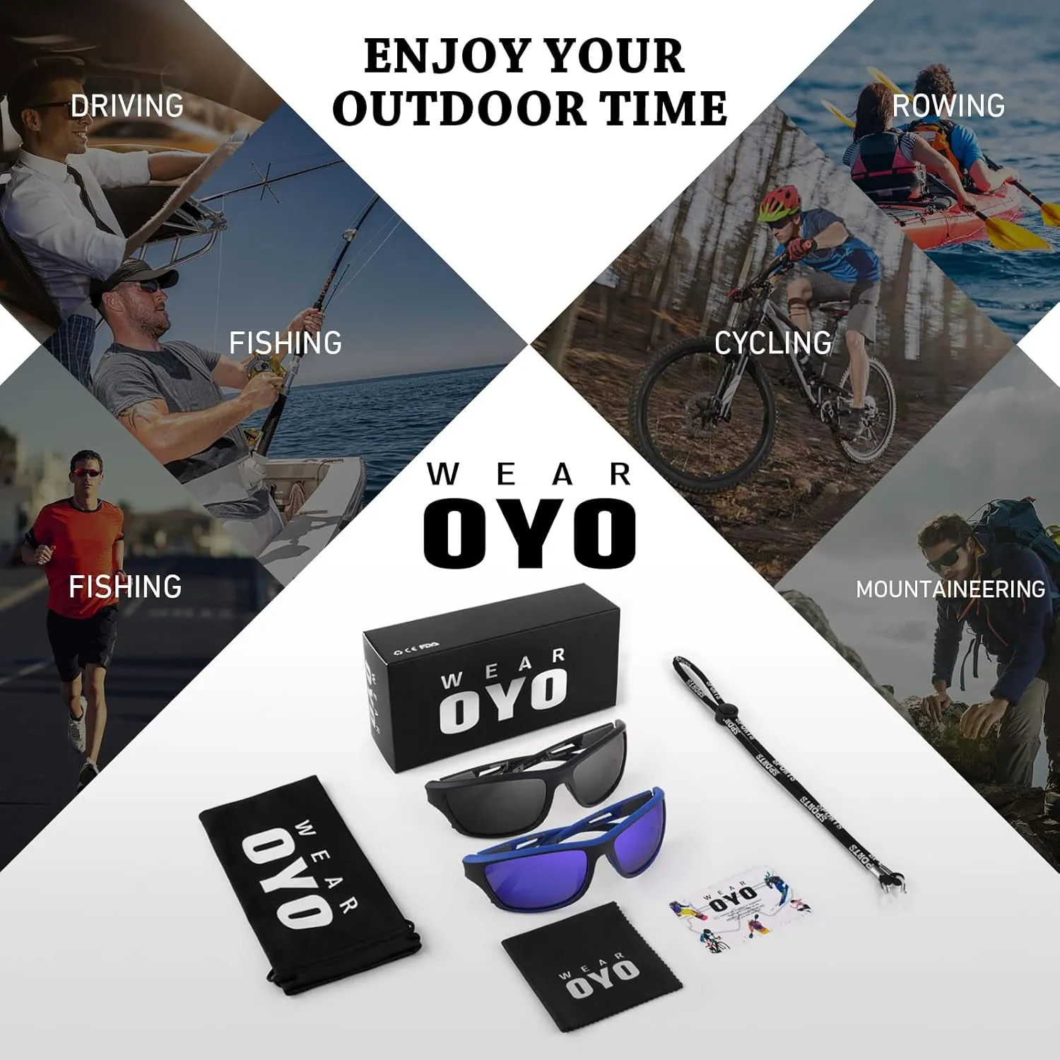 Polarized Sports Sunglasses for Men Women,Fishing Driving Rectangular Goggles UV400 Protection