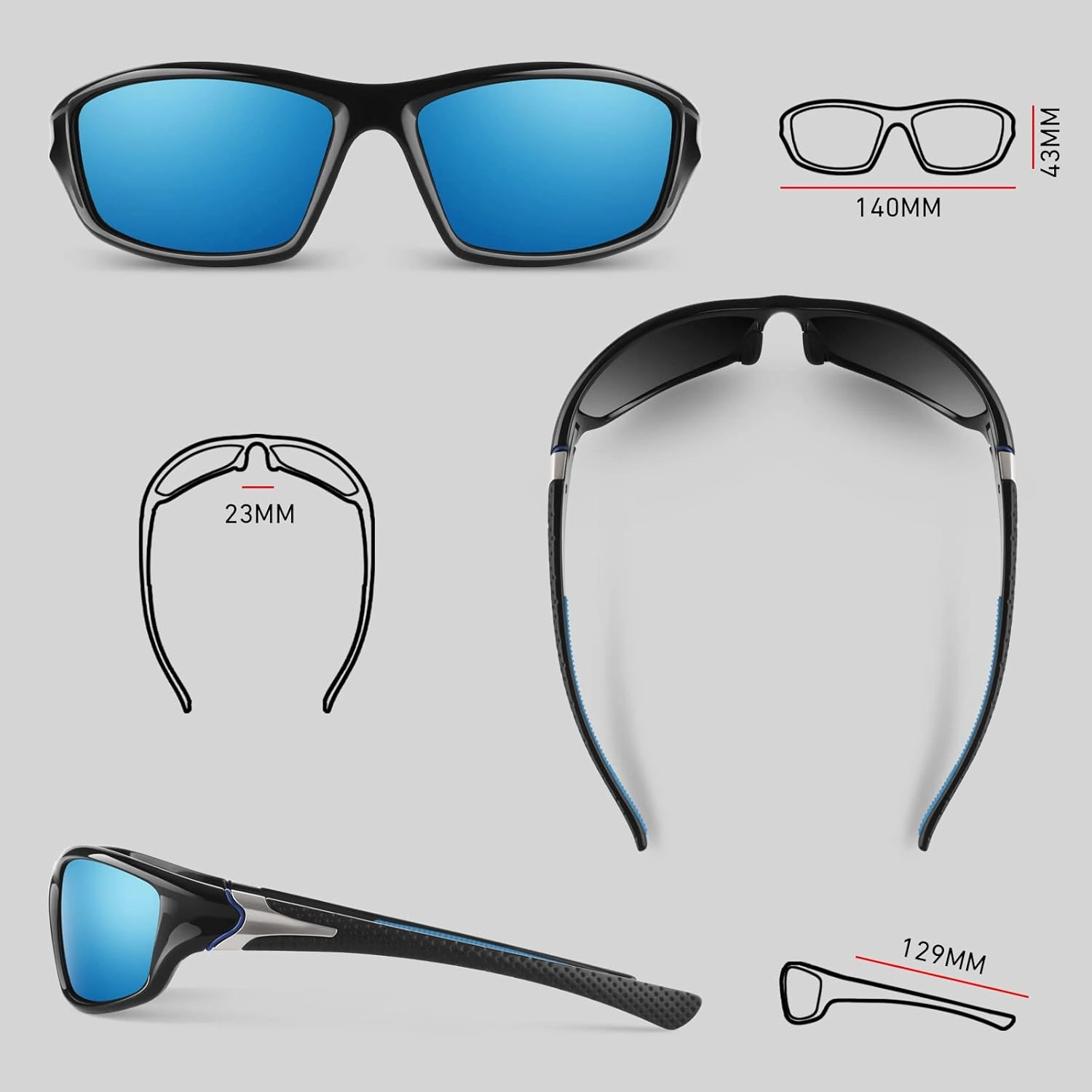 Polarized Sports Sunglasses for Men Women,Fishing Driving Rectangular Goggles UV400 Protection