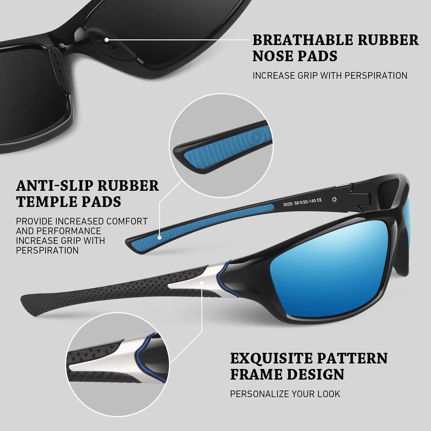 Polarized Sports Sunglasses for Men Women,Fishing Driving Rectangular Goggles UV400 Protection