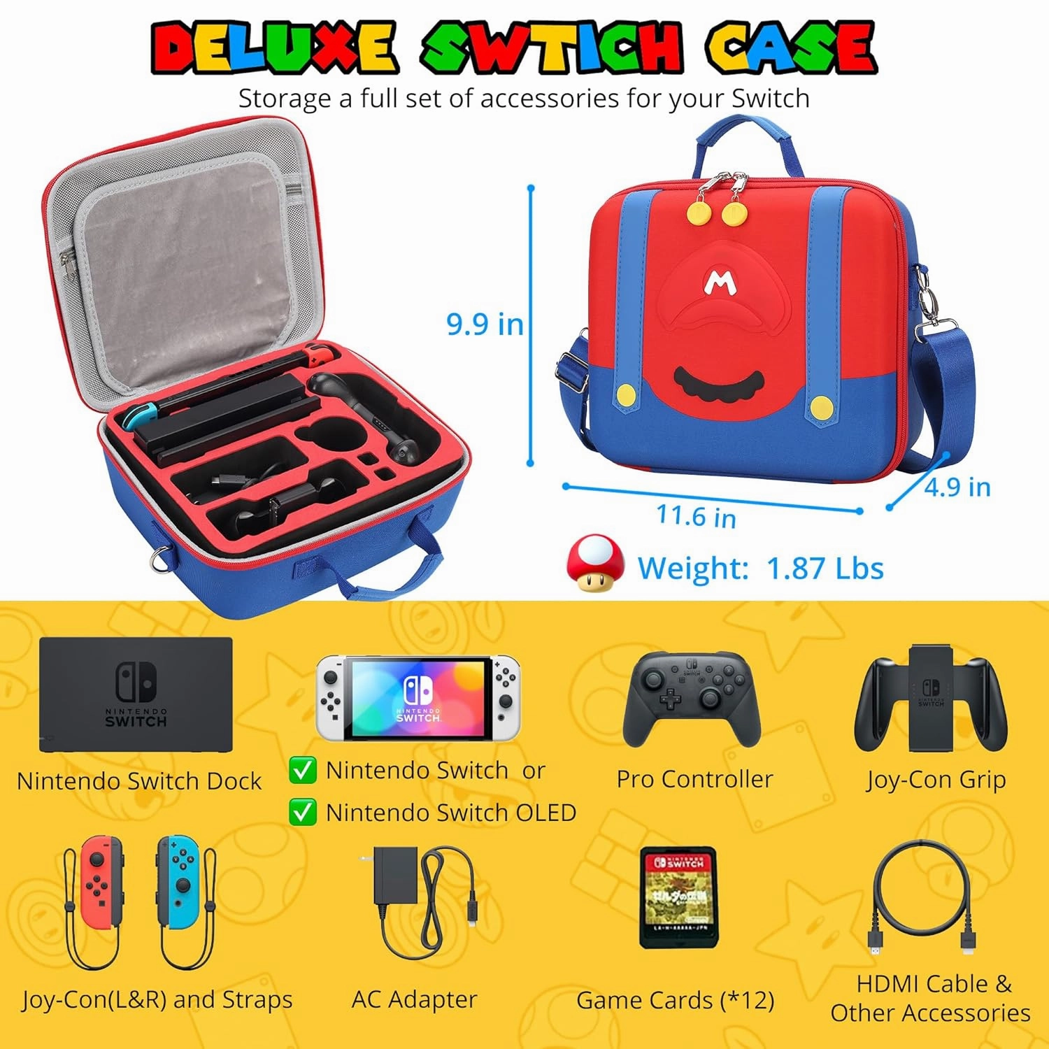 PONYRC Deluxe Carrying Case for Nintendo Switch/Switch OLED Model, Portable Full Protection Hard Shell Travel Storage Bag Compatible with Switch Console Pro Controller Accessories