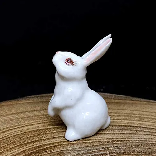 Porcelain Rabbit Bunny Figurine White Hand Painted Ceramic Miniature Terrarium Decor