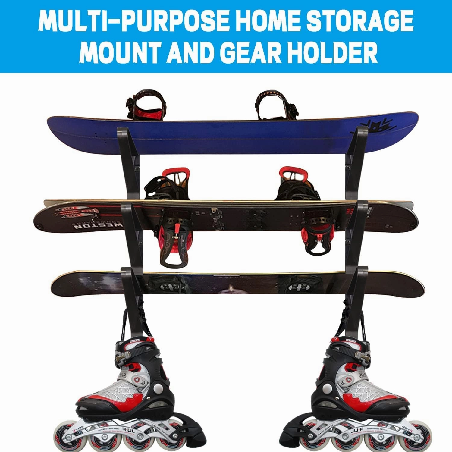 Poskad Snowboard Wall Mount Display Rack,Adjustable Storage Layers Space Saving Design,Home and Garage SKi Board Storage.