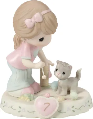 Precious Moments Growing In Grace Age 7, Brunette Girl with Cat, Collectible Porcelain Figurine, Memorable Gift, 154034B