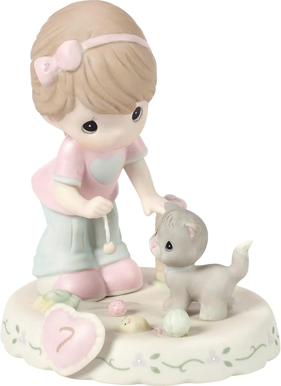Precious Moments Growing In Grace Age 7, Brunette Girl with Cat, Collectible Porcelain Figurine, Memorable Gift, 154034B