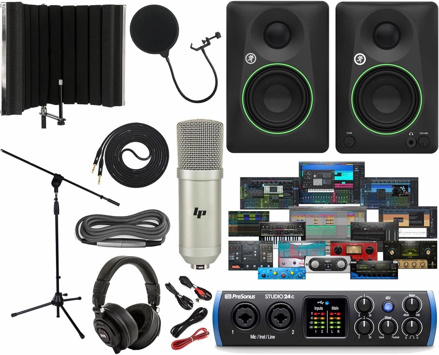 PreSonus Studio 24c 2x2 USB Type-C Audio/MIDI Interface with CR3.5 Creative Reference Multimedia Monitors and 1/4” Instrument Cable and Microphone Isolation Shield