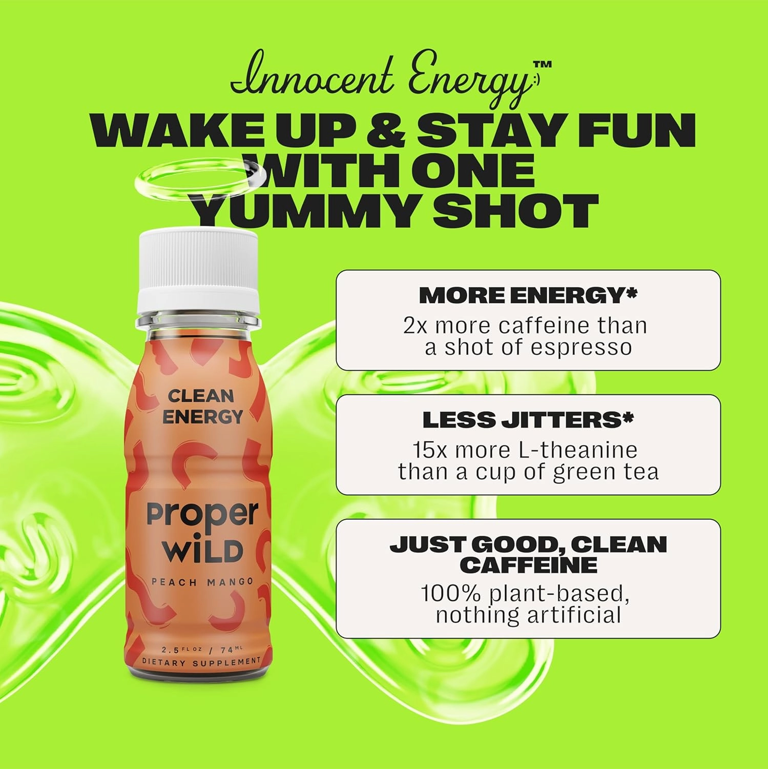 Proper Wild Vegan Energy Shots, with L-Theanine, and Organic Caffeine, Clean Plant Based Energy Drink, Gluten Free, GMO Free, Dairy Free, Stevia Free, Soy Free, Originals Variety, 2.5 Fl Oz, 6 Pack