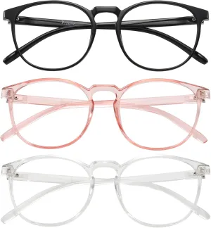 Przene 3 Pack Blue Light Blocking Glasses Women/Men,Retro Round Computer Glasses Anti Eye Strain/UV/Glare, Gaming Glasses. (Black/Crystal/Pink)