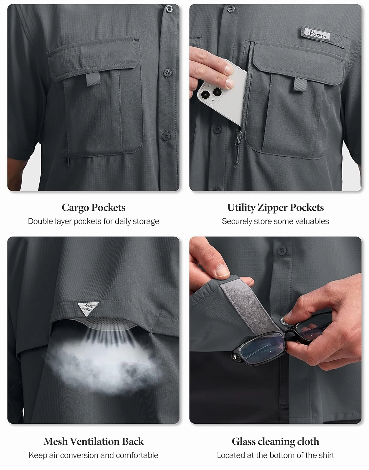 Pudolla Men's Fishing Shirts with Short Sleeves, Summer Travel Work Shirts, Button Down with UPF50  and Zipper Pockets