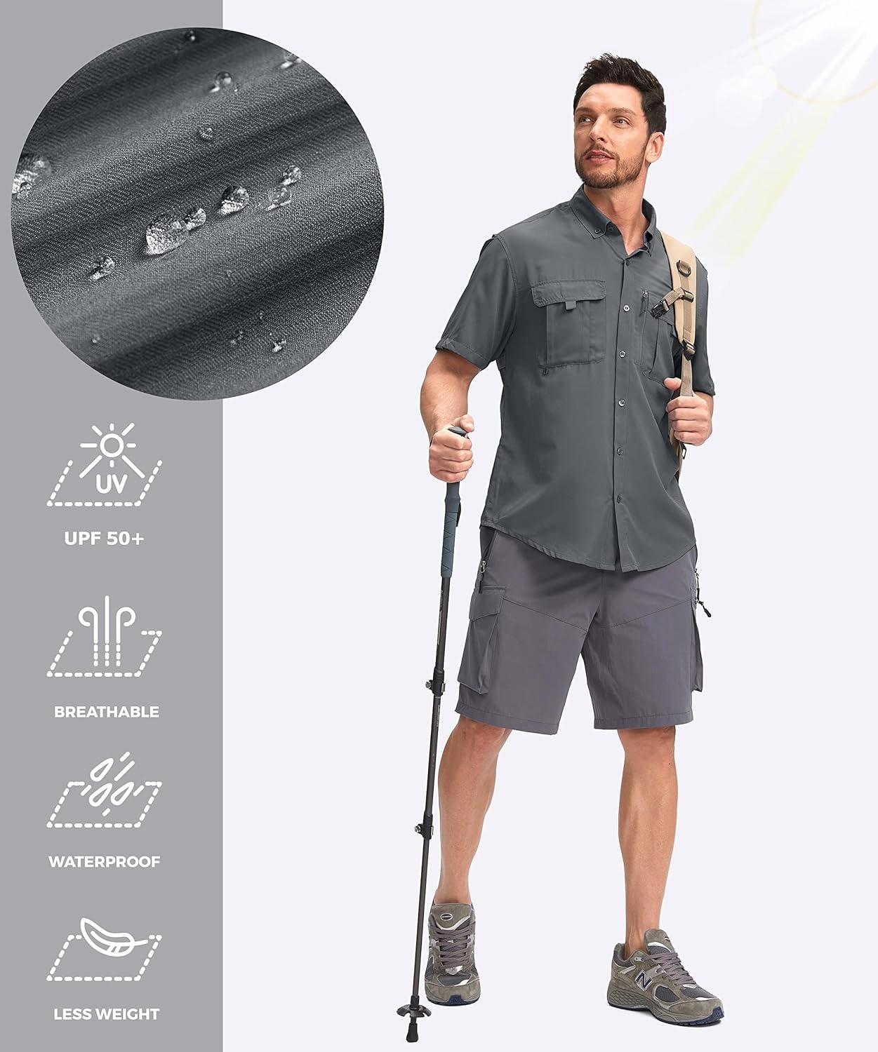 Pudolla Men's Fishing Shirts with Short Sleeves, Summer Travel Work Shirts, Button Down with UPF50  and Zipper Pockets