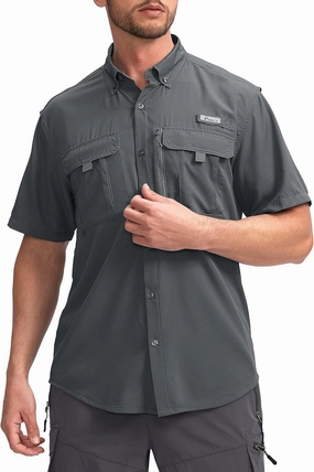 Pudolla Men's Fishing Shirts with Short Sleeves, Summer Travel Work Shirts, Button Down with UPF50  and Zipper Pockets