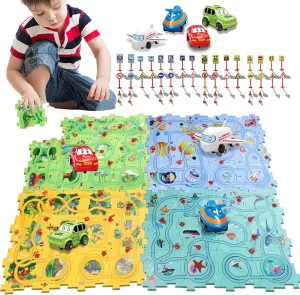 Puzzle Racer Kids Car Track Set with Cars Puzzle Racer Car Track Set for 3-8 Year Old Best Holidays&Birthday Gifts for Kids (25PCS 4in1)