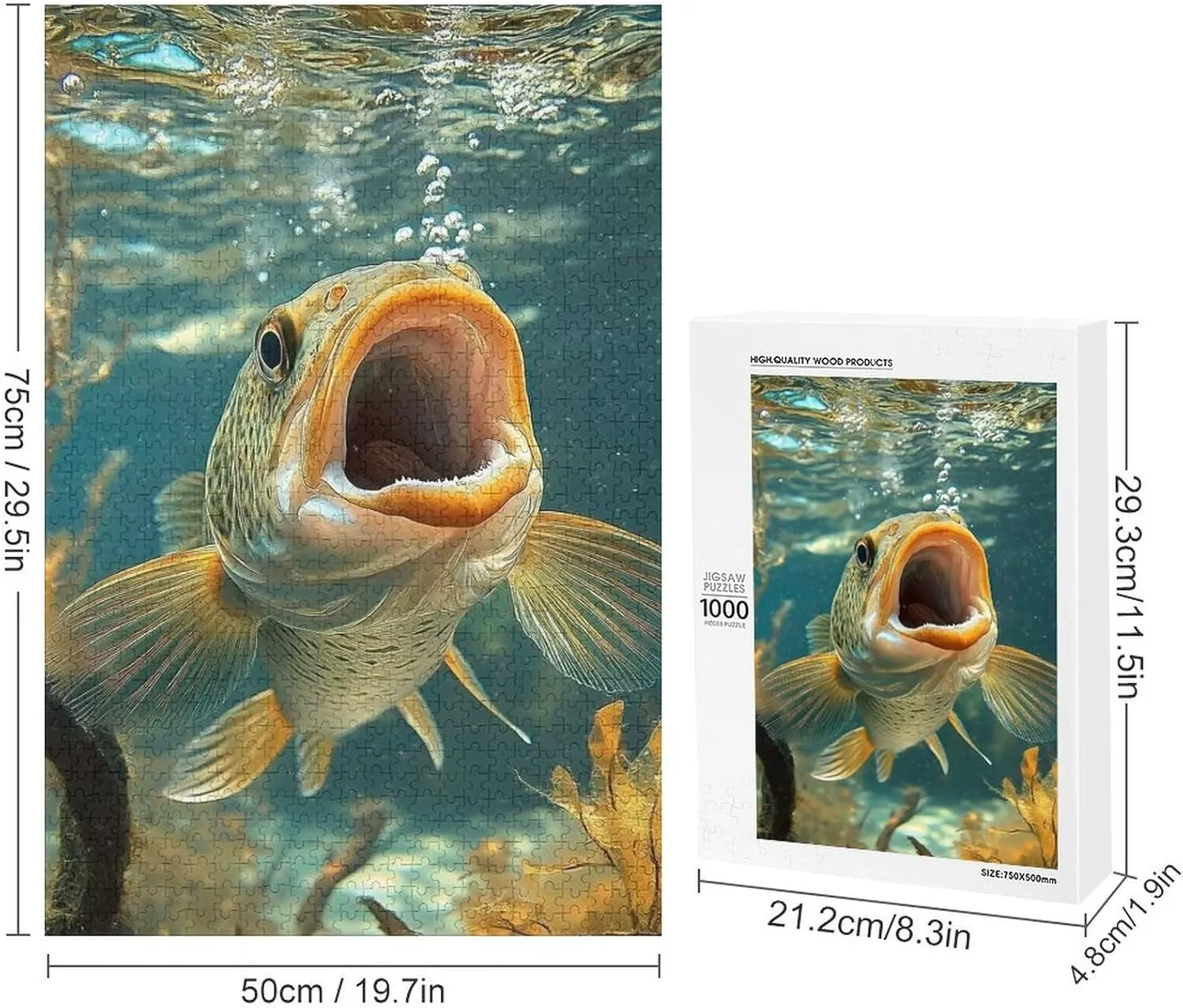 Puzzles for Adults 1000 Pieces - Underwater Open Mouth Fish Funny Puzzle, Seek and Find Activities, Travel Toys for Toddlers and Kids