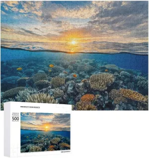 Puzzles for Adults 500 Pieces - Serene Underwater Vibrant Coral Reefs Sunset with Colorful Fish Swimming Beneath Funny Puzzle Unique Difficult and Challenge Large Puzzle Game Toys Gift