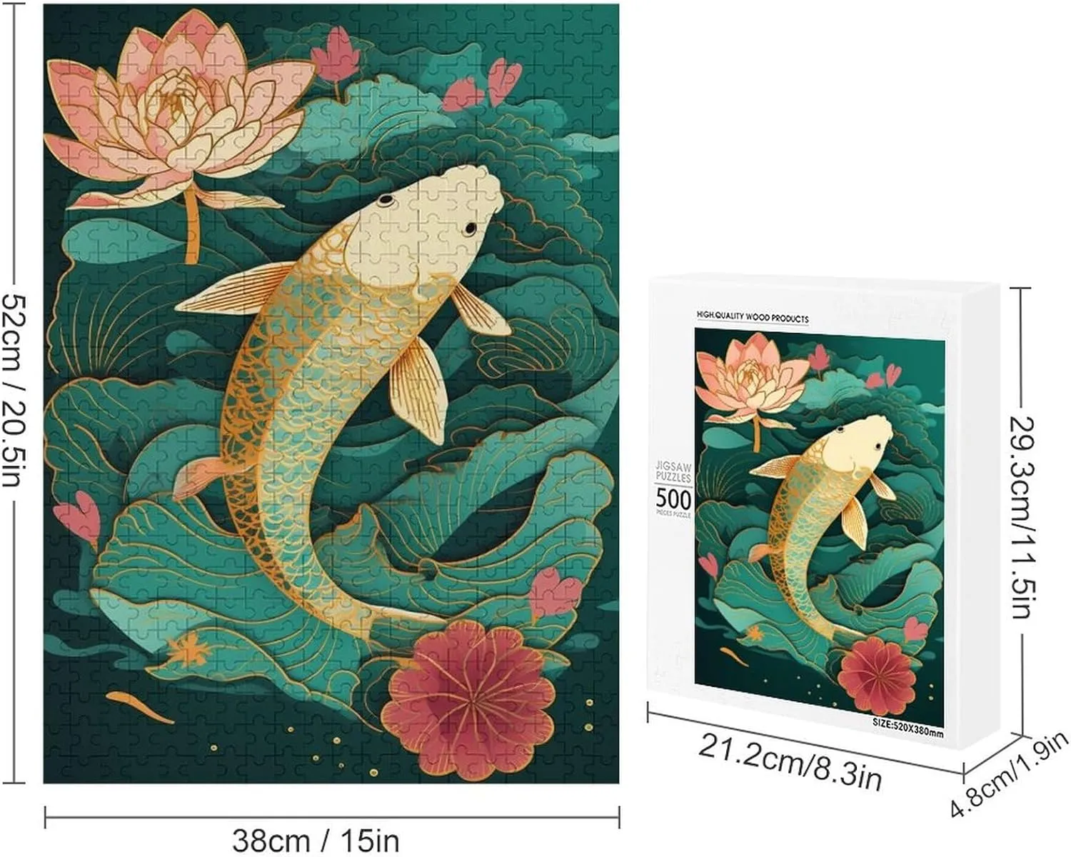 Puzzles for Adults 500 Pieces - Vintage Koi Fish Funny Educational Puzzles Toys for Boys and Girls