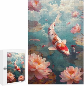 Puzzles for Adults 1000 Pieces - Koi Fish Lotus Pond Koi Perfect Interlocking Clear Printing - Adults Educational Puzzle Ideal Gift - Display as Artwork Idea!