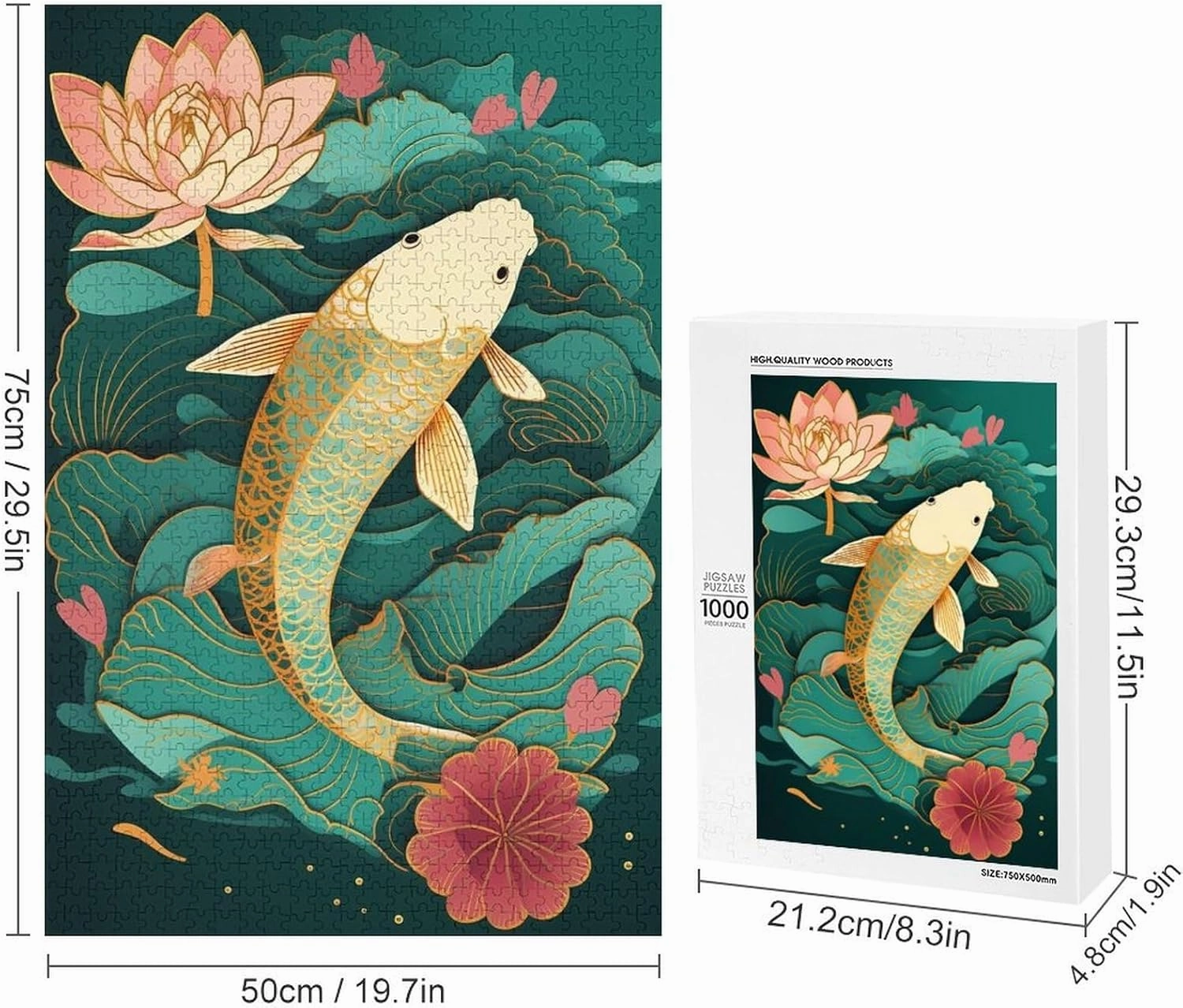 Puzzles for Adults 1000 Pieces - Vintage Koi Fish Funny Inspirational Wooden Jigsaw Puzzles for Family Activities Games