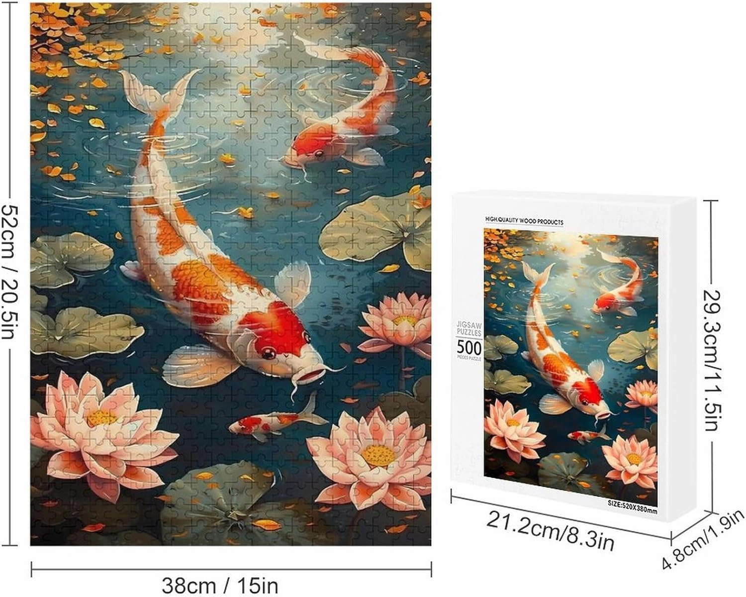 Puzzles for Adults 500 Pieces - Koi Swimming Gracefully in The Water Fish Funny Challenging Abstract Art Puzzle Brain Teaser Activity