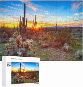 Puzzles for Adults 500 Pieces - Saguaro Cactus Sunrise Sunshine Natural Plants Arizona Desert Pictures Puzzle for Stress Relief and Leisure Home Decor Collectibles