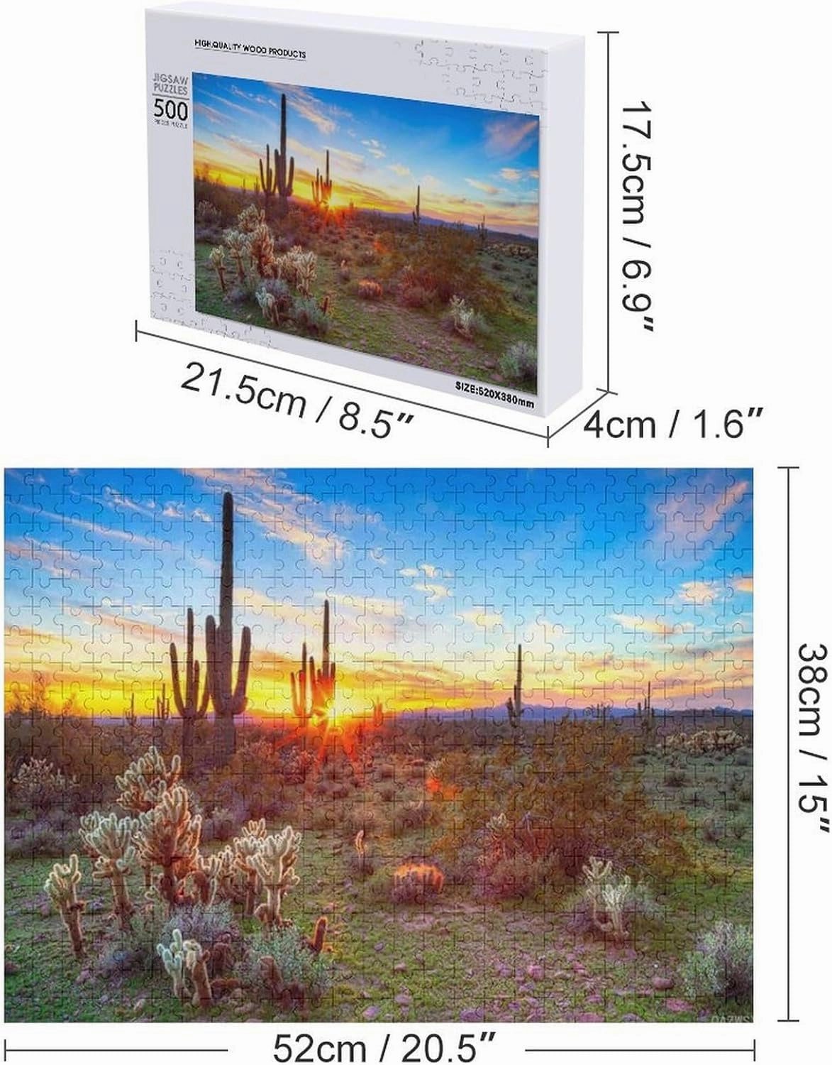 Puzzles for Adults 500 Pieces - Saguaro Cactus Sunrise Sunshine Natural Plants Arizona Desert Pictures Puzzle for Stress Relief and Leisure Home Decor Collectibles