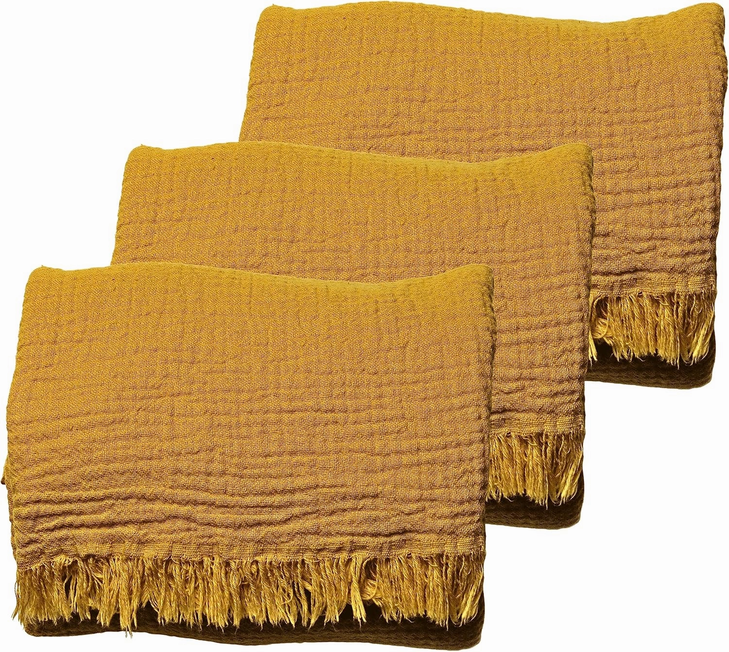 PÜSKÜL - Organic Ultra Soft Turkish Cotton Muslin Towels for Adults, 33X67 Inches, Pack of 3 (Mustard Yellow)