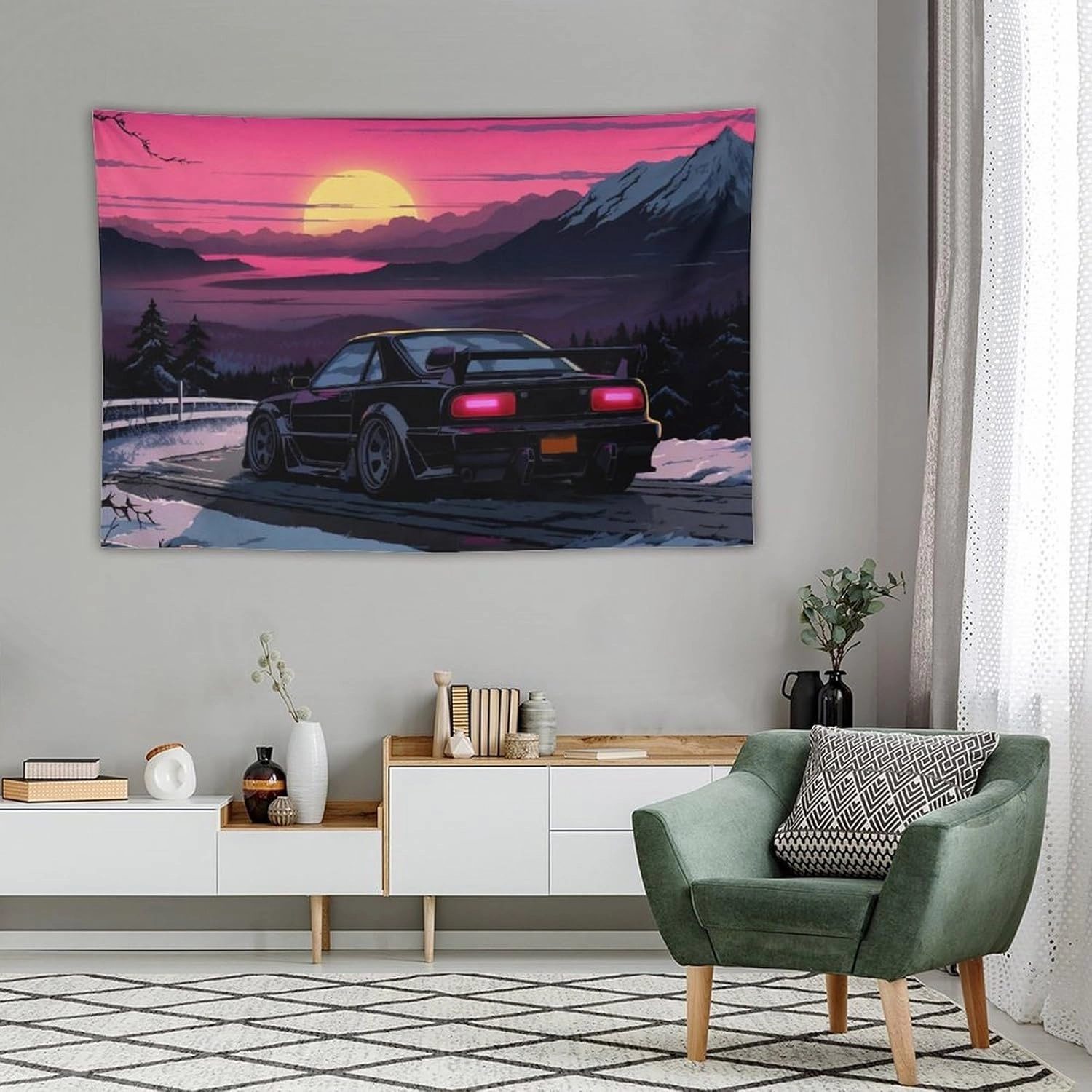 QEOPGNE Anime Sunset Japanese S13 Jdm Car Tapestry Flag Wall Art Wall Hanging Decor for Bedroom Living Room Wall Decor for Men and Women 40"x60"