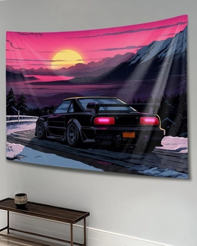 QEOPGNE Anime Sunset Japanese S13 Jdm Car Tapestry Flag Wall Art Wall Hanging Decor for Bedroom Living Room Wall Decor for Men and Women 40"x60"