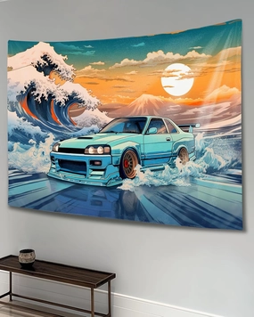 QEOPGNE R33 Japanese Great Wave Ocean Jdm Car Tapestry Wall Hanging Wall Art for Bedroom Living Room Wall Decor 40"x60"