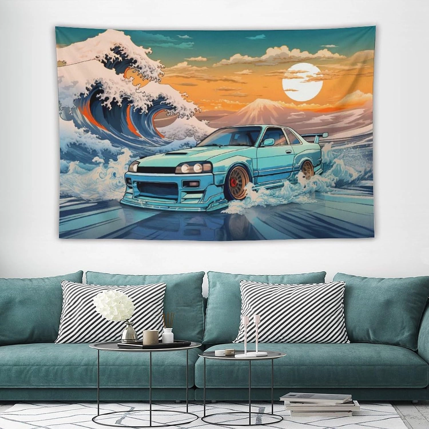 QEOPGNE R33 Japanese Great Wave Ocean Jdm Car Tapestry Wall Hanging Wall Art for Bedroom Living Room Wall Decor 40"x60"