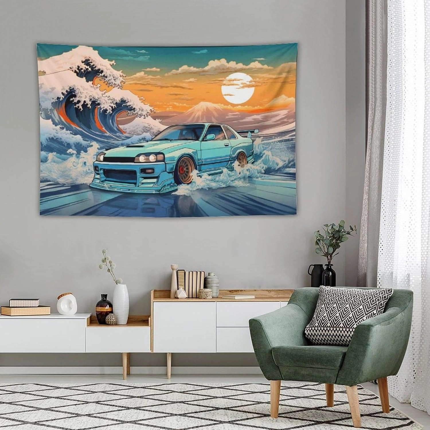 QEOPGNE R33 Japanese Great Wave Ocean Jdm Car Tapestry Wall Hanging Wall Art for Bedroom Living Room Wall Decor 40"x60"