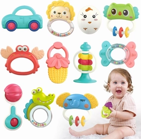 Qizebaby Baby Toys 6 to 12 Months, 12PCS Rattle Baby Teething Toys, Shaker Grab and Spin Rattles Set, Music Learning Toys for 0 1 2 3 4 5 6 7 8 9 10 11 12 Month Newborn Infant Toddlers Boys Girls