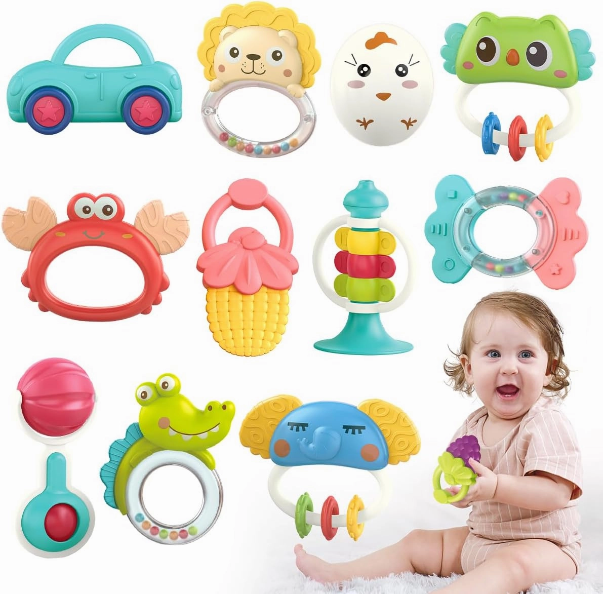 Qizebaby Baby Toys 6 to 12 Months, 12PCS Rattle Baby Teething Toys, Shaker Grab and Spin Rattles Set, Music Learning Toys for 0 1 2 3 4 5 6 7 8 9 10 11 12 Month Newborn Infant Toddlers Boys Girls