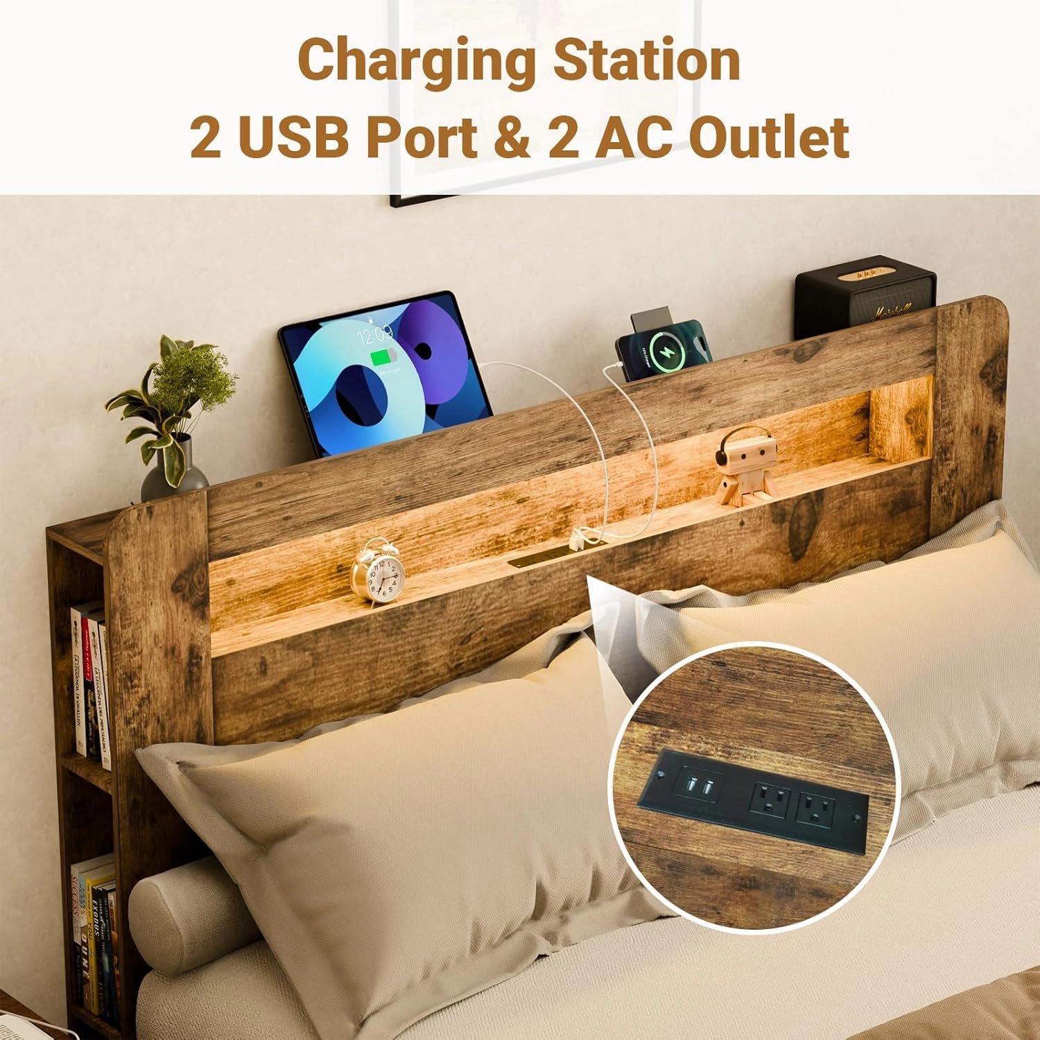 Queen Size Bed Frame with Headboard, Bed Frame Queen Size with Charging Station, Built in LED Light Strip, No Noise, No Box Spring Needed, Rustic Brown(Rectangular Slot)