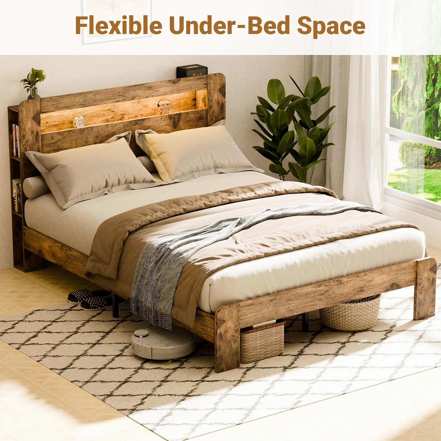 Queen Size Bed Frame with Headboard, Bed Frame Queen Size with Charging Station, Built in LED Light Strip, No Noise, No Box Spring Needed, Rustic Brown(Rectangular Slot)