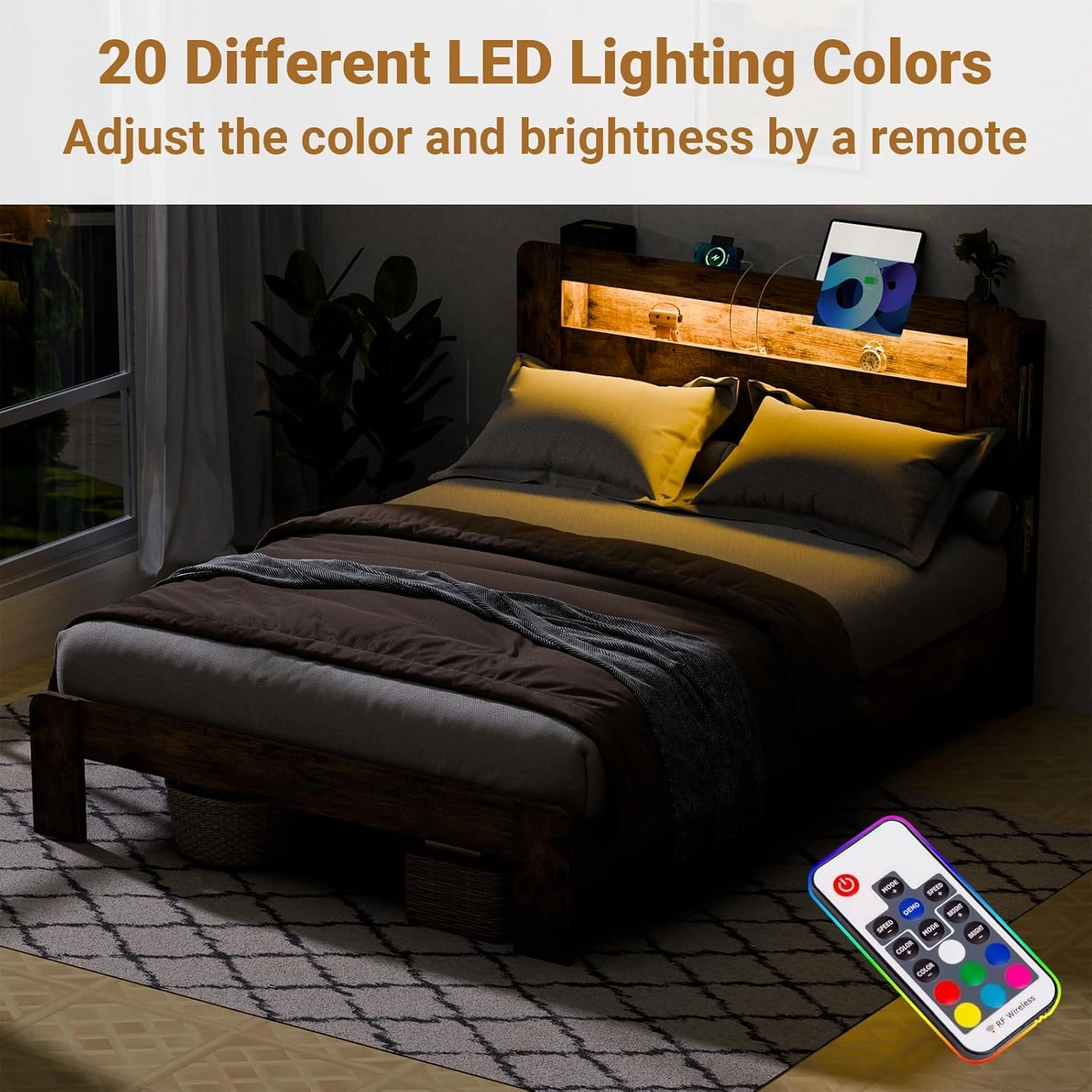 Queen Size Bed Frame with Headboard, Bed Frame Queen Size with Charging Station, Built in LED Light Strip, No Noise, No Box Spring Needed, Rustic Brown(Rectangular Slot)