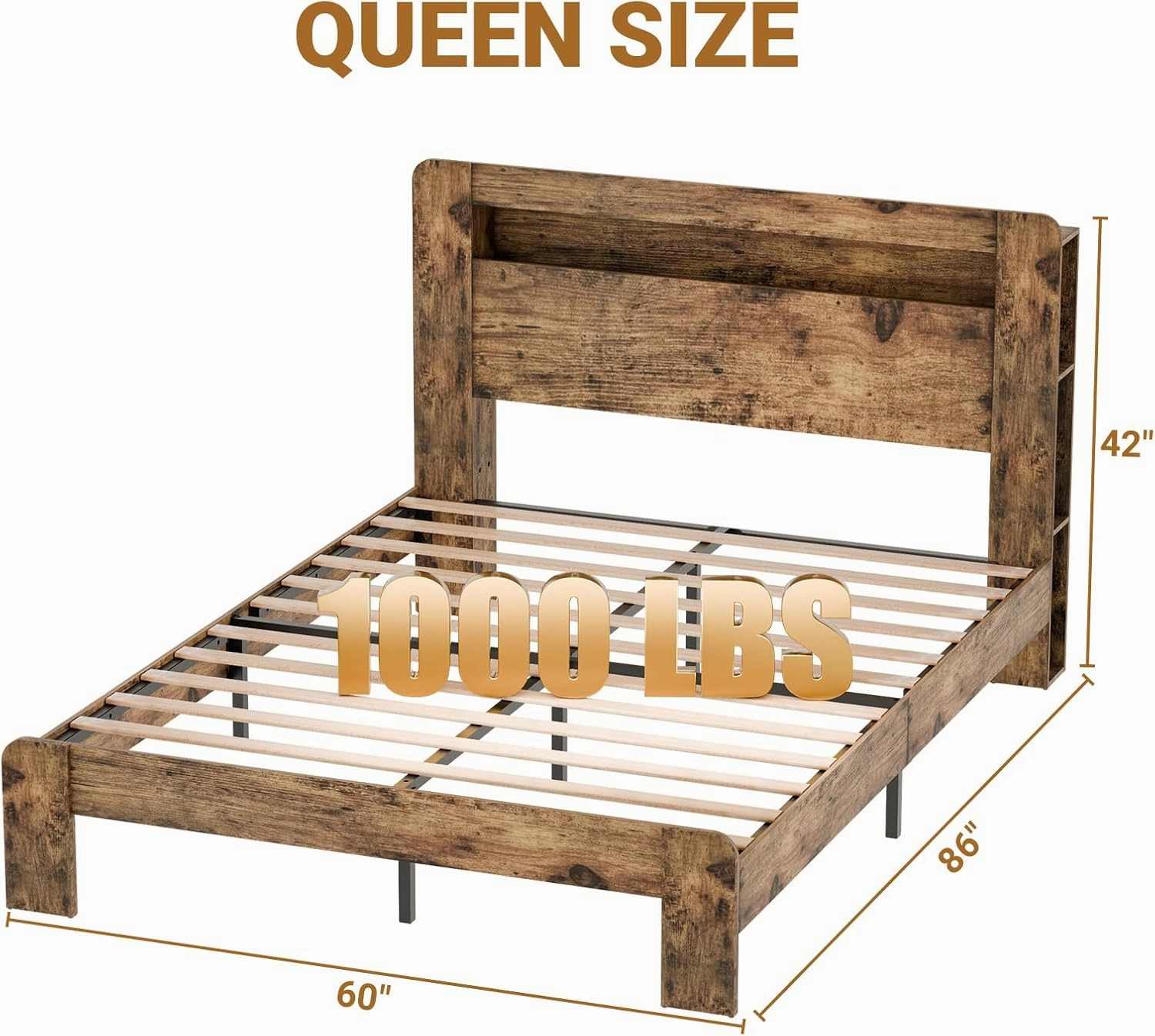 Queen Size Bed Frame with Headboard, Bed Frame Queen Size with Charging Station, Built in LED Light Strip, No Noise, No Box Spring Needed, Rustic Brown(Rectangular Slot)