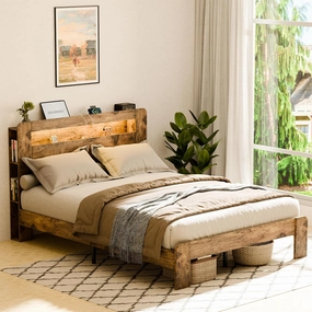 Queen Size Bed Frame with Headboard, Bed Frame Queen Size with Charging Station, Built in LED Light Strip, No Noise, No Box Spring Needed, Rustic Brown(Rectangular Slot)