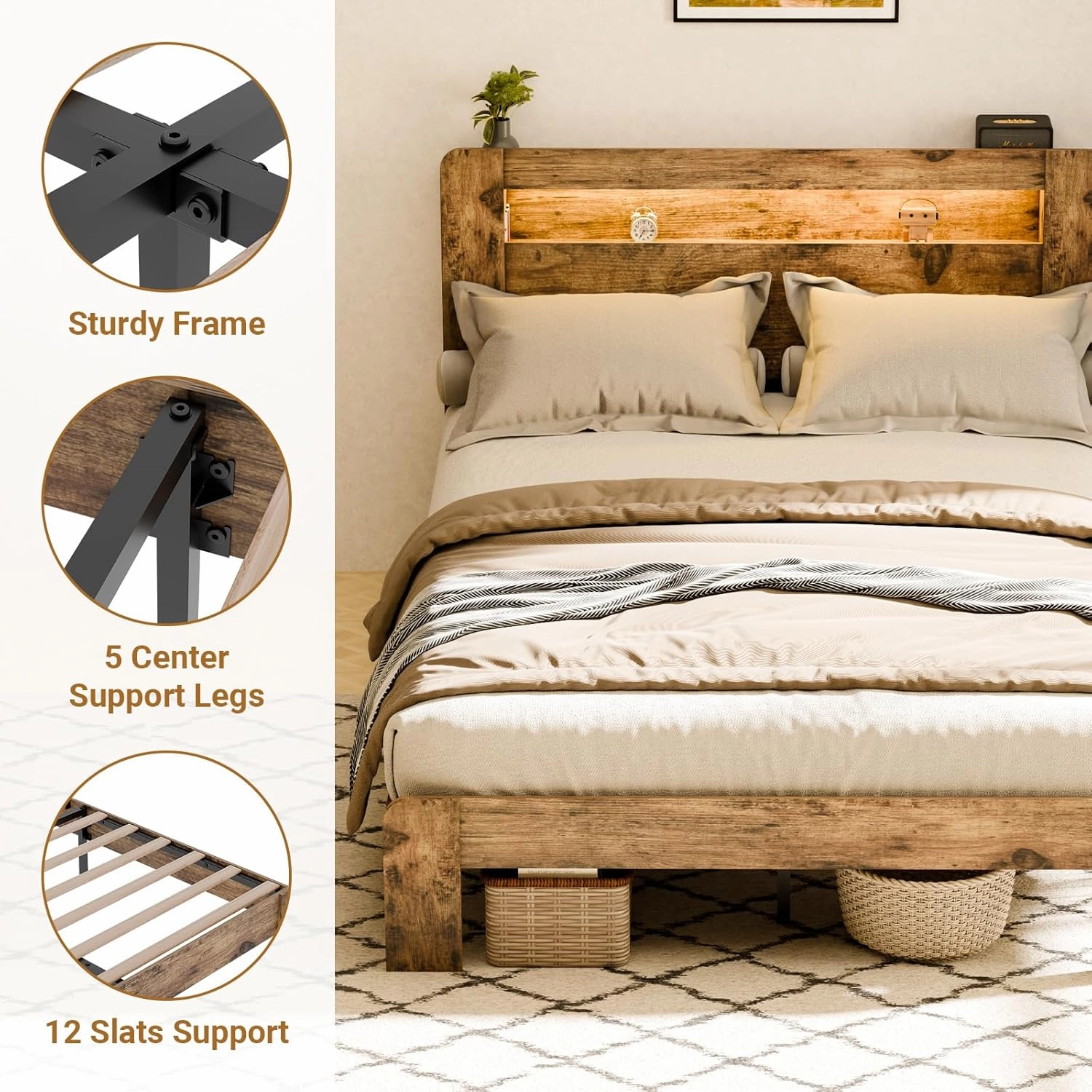 Queen Size Bed Frame with Headboard, Bed Frame Queen Size with Charging Station, Built in LED Light Strip, No Noise, No Box Spring Needed, Rustic Brown(Rectangular Slot)
